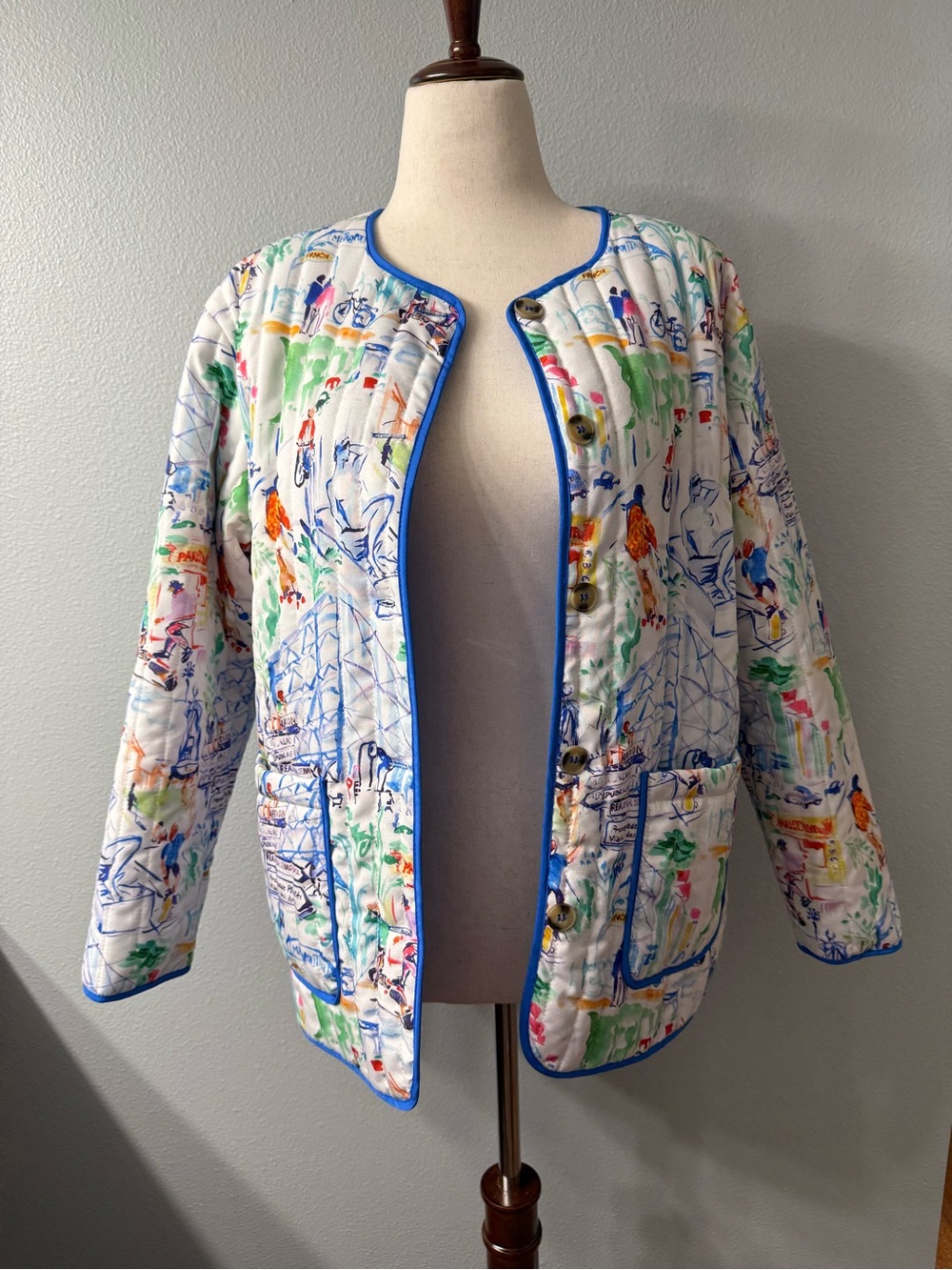 Parisian European Whimsical Print Quilted Jacket Button Front Fully Lined, NWOT - Picture 2 of 10